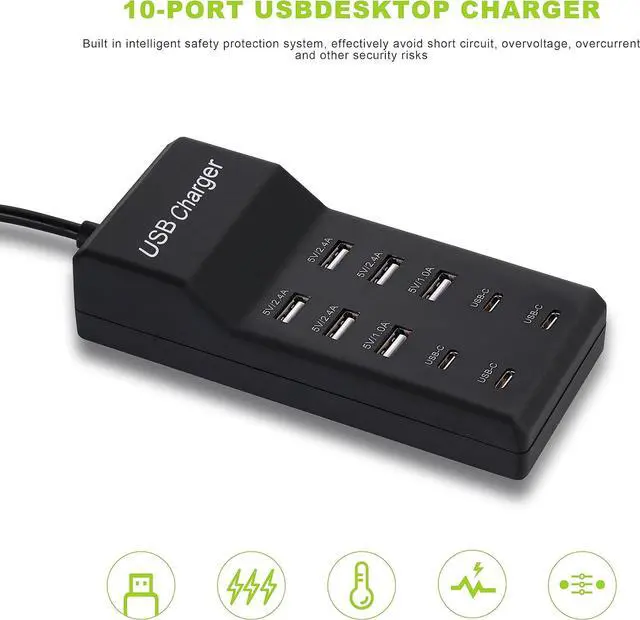 Alt view image 6 of 7 - Wyssay USB Charger,5V 10A(50W) USB Charging Station with 10-Port (6 USB-A Port & 4 USB-C Port) Compatible with iPhone 15/14/13/12/11/X/8/7/6 Phones, Watch,Tablets, Smartphones Black