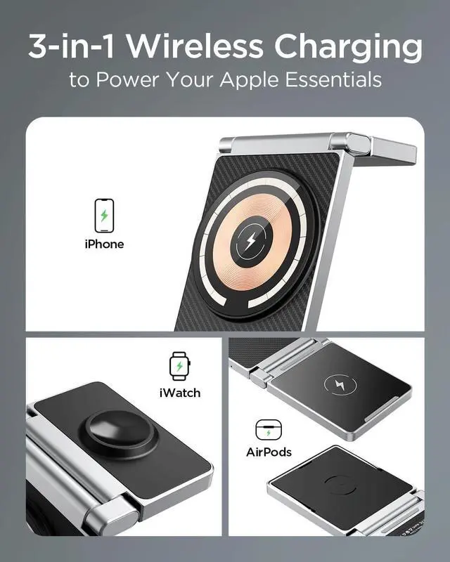 Alt view image 4 of 7 - Magnetic Charging Station,Hohosb 3 in 1 Foldable Zinc Alloy Wireless Charger Stand[Compatible with Magsafe Charger] for iPhone 15/14/13/12 Series, AirPods Pro/3/2,Apple Watch/iWatch-Black