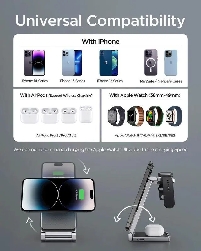 Alt view image 5 of 7 - Magnetic Charging Station,Hohosb 3 in 1 Foldable Zinc Alloy Wireless Charger Stand[Compatible with Magsafe Charger] for iPhone 15/14/13/12 Series, AirPods Pro/3/2,Apple Watch/iWatch-Black