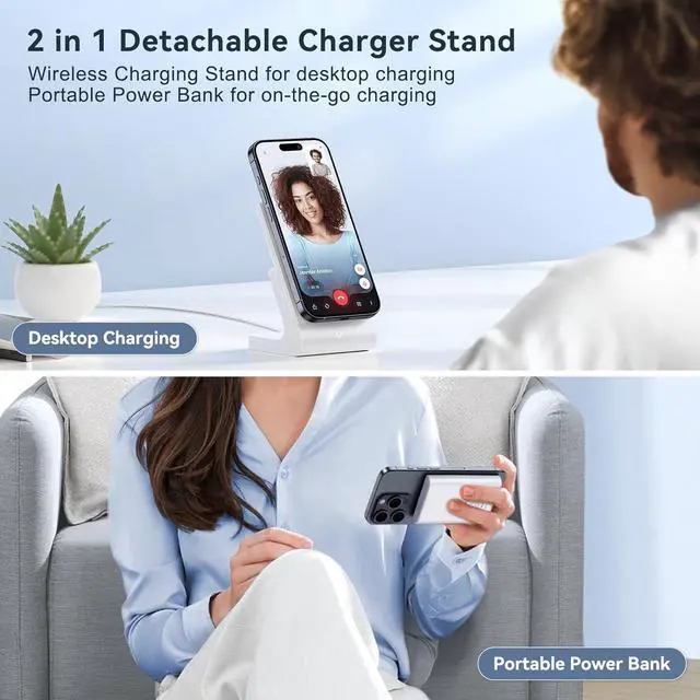 Alt view image 2 of 7 - Magnetic Wireless Charger for iPhone: Portable Power Bank 5000mAh - Detachable Mag-Safe Battery Pack Compatible with iPhone 15 14 13 12 Pro Max Pro Plus Mini, with Fast Charging Stand & USB-C Cable