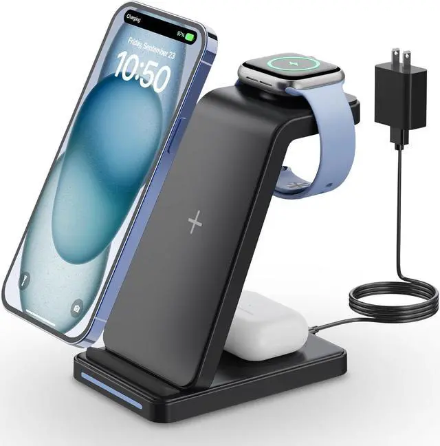 Main image of 3 in 1 Wireless Charging Station, Wireless Charger Stand for Multiple Apple Devices, Wireless Charger for iPhone 15 14 13 12 11 Pro Max XS XR 8, Apple Watch 9 8 7 6 SE 5 4 3 2, AirPods 3/2/Pro