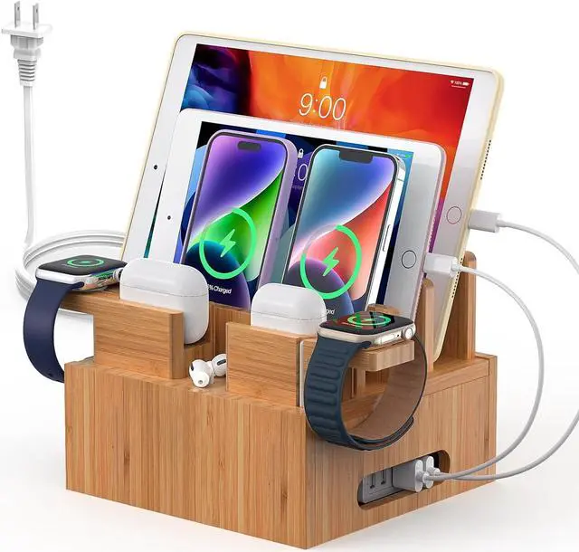 Main image of Bamboo Charging Station Organizer for Multiple Devices (Included 5 Port USB Charger, 6 Pack Charge & Sync Cable, with Earbuds & Watch Stand), Electronic Device Desktop Stations for Cell Phone, Tablet