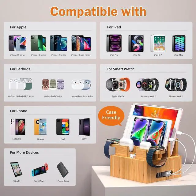 Alt view image 2 of 7 - Bamboo Charging Station Organizer for Multiple Devices (Included 5 Port USB Charger, 6 Pack Charge & Sync Cable, with Earbuds & Watch Stand), Electronic Device Desktop Stations for Cell Phone, Tablet