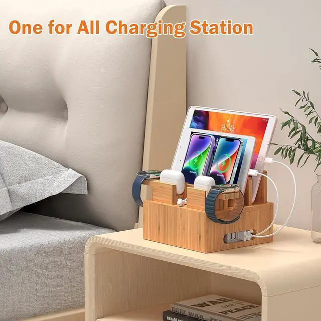 Alt view image 3 of 7 - Bamboo Charging Station Organizer for Multiple Devices (Included 5 Port USB Charger, 6 Pack Charge & Sync Cable, with Earbuds & Watch Stand), Electronic Device Desktop Stations for Cell Phone, Tablet