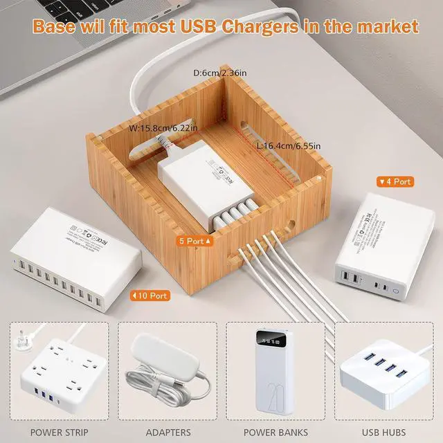 Alt view image 4 of 7 - Bamboo Charging Station Organizer for Multiple Devices (Included 5 Port USB Charger, 6 Pack Charge & Sync Cable, with Earbuds & Watch Stand), Electronic Device Desktop Stations for Cell Phone, Tablet