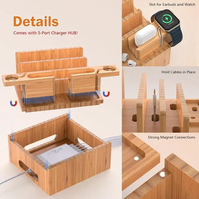 Alt view image 5 of 7 - Bamboo Charging Station Organizer for Multiple Devices (Included 5 Port USB Charger, 6 Pack Charge & Sync Cable, with Earbuds & Watch Stand), Electronic Device Desktop Stations for Cell Phone, Tablet