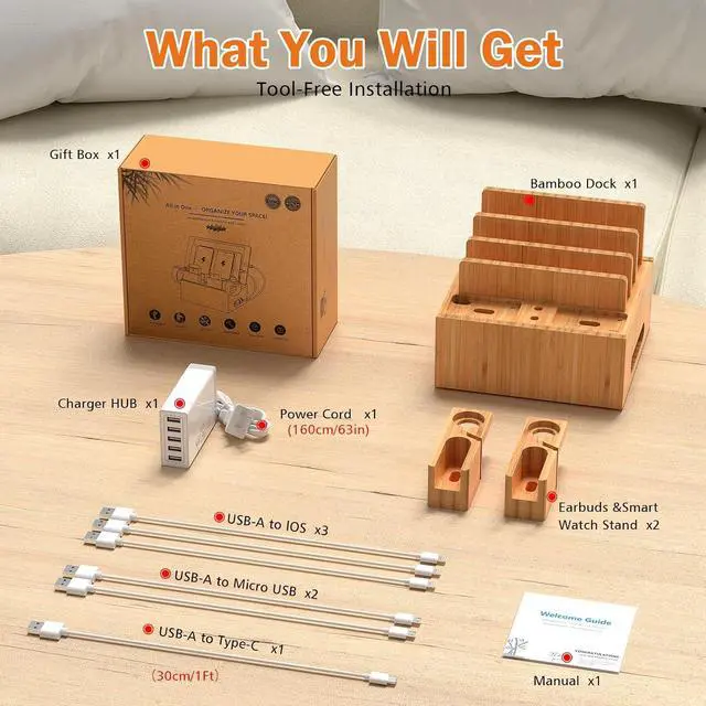 Alt view image 6 of 7 - Bamboo Charging Station Organizer for Multiple Devices (Included 5 Port USB Charger, 6 Pack Charge & Sync Cable, with Earbuds & Watch Stand), Electronic Device Desktop Stations for Cell Phone, Tablet