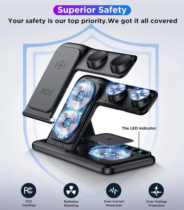 Alt view image 3 of 7 - Wireless Charger for iPhone and Samsung Multiple Devices, Portable Apple Charging Station for iPhone 15/14/13/12/11/Pro/Max/Plus, for Apple Watch Charger iWatch and Galaxy Watch, for AirPods 3/2/Pro