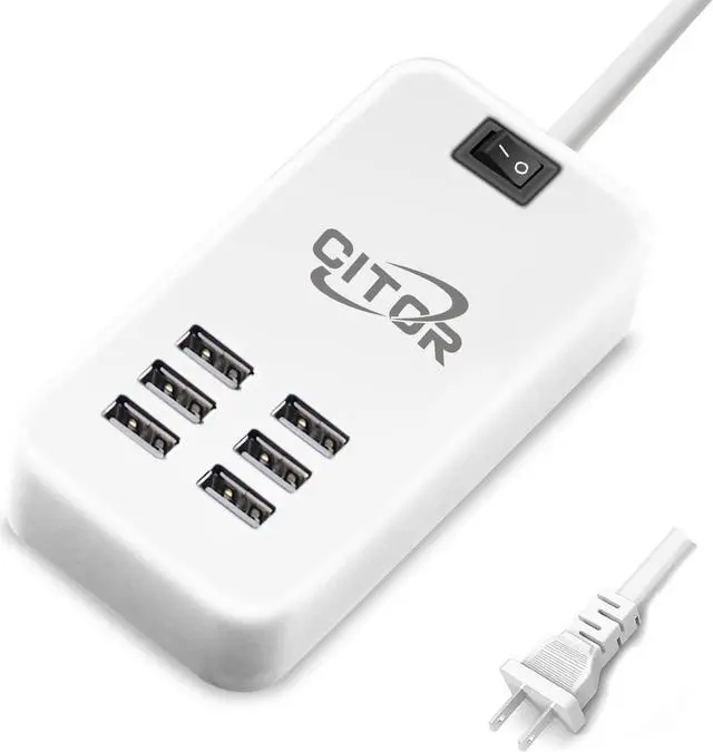 Main image of Multi USB Charger, 6 Port USB Charging Station for Multiple Devices, Phone, Tablet, Power Strip with ON/Off Switch (White)