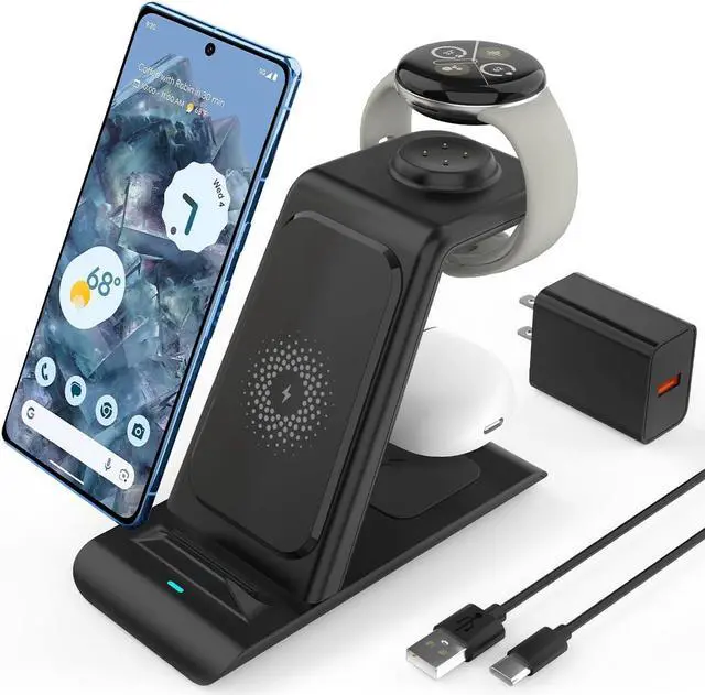 Main image of Upgraded 3 in 1 Wireless Charger for Google Pixel Watch 2/Fitbit Versa 4/Versa 3/Sense 2, Pixel 8/7/6 (pro)/7a/5, Pixel Buds Pro, Wireless Charging Station for Multiple Devices iPhone/Airpods(Black)