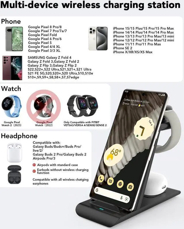 Alt view image 2 of 7 - Upgraded 3 in 1 Wireless Charger for Google Pixel Watch 2/Fitbit Versa 4/Versa 3/Sense 2, Pixel 8/7/6 (pro)/7a/5, Pixel Buds Pro, Wireless Charging Station for Multiple Devices iPhone/Airpods(Black)