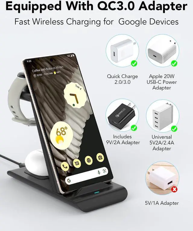 Alt view image 3 of 7 - Upgraded 3 in 1 Wireless Charger for Google Pixel Watch 2/Fitbit Versa 4/Versa 3/Sense 2, Pixel 8/7/6 (pro)/7a/5, Pixel Buds Pro, Wireless Charging Station for Multiple Devices iPhone/Airpods(Black)