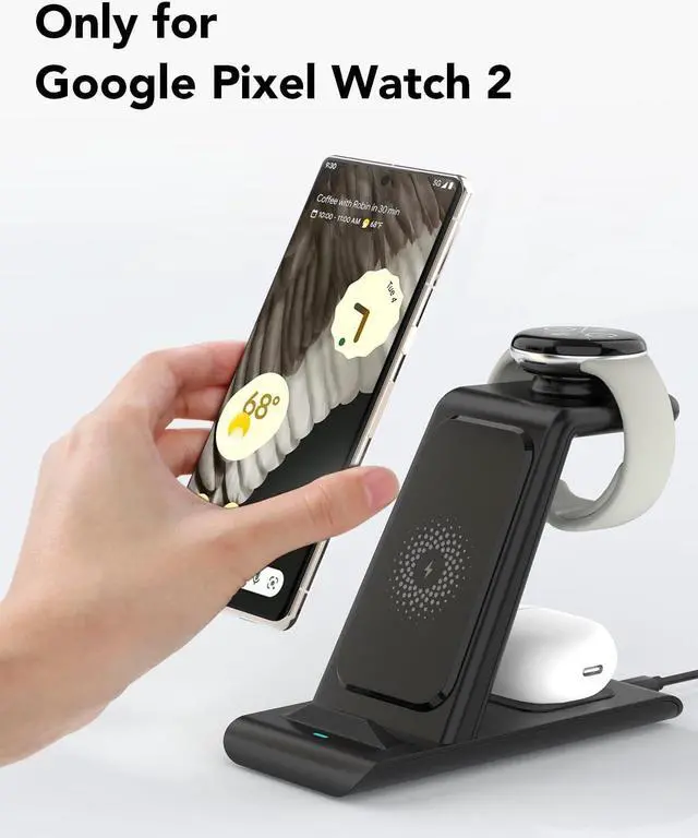 Alt view image 4 of 7 - Upgraded 3 in 1 Wireless Charger for Google Pixel Watch 2/Fitbit Versa 4/Versa 3/Sense 2, Pixel 8/7/6 (pro)/7a/5, Pixel Buds Pro, Wireless Charging Station for Multiple Devices iPhone/Airpods(Black)
