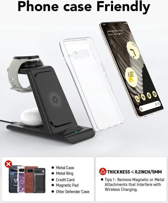 Alt view image 7 of 7 - Upgraded 3 in 1 Wireless Charger for Google Pixel Watch 2/Fitbit Versa 4/Versa 3/Sense 2, Pixel 8/7/6 (pro)/7a/5, Pixel Buds Pro, Wireless Charging Station for Multiple Devices iPhone/Airpods(Black)