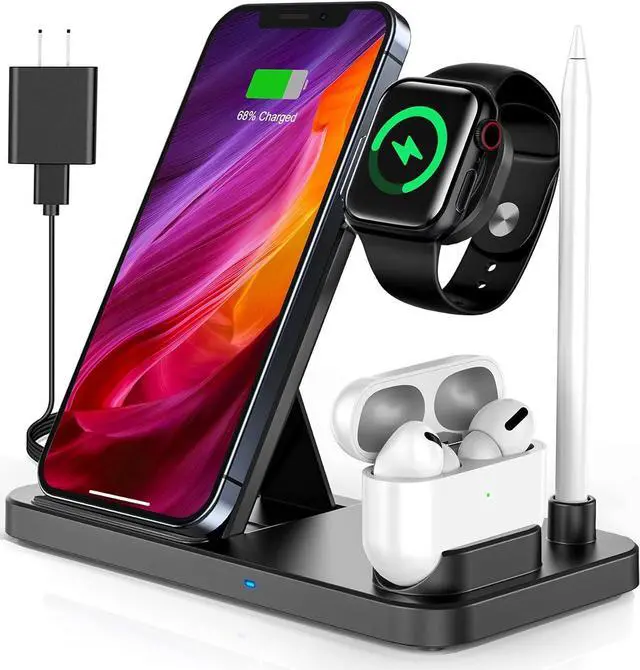 Main image of Wireless Charging Stand, 4 in 1 Fast Portable Magnetic Charger Station for iPhone 15, 14,13,12,11/Pro/Max/Plus, X,XR, XS/Max,SE, Compatible with AirPods Pro, Watch SE 9 8 7 6 5 4 3 2, Pencil(Black)