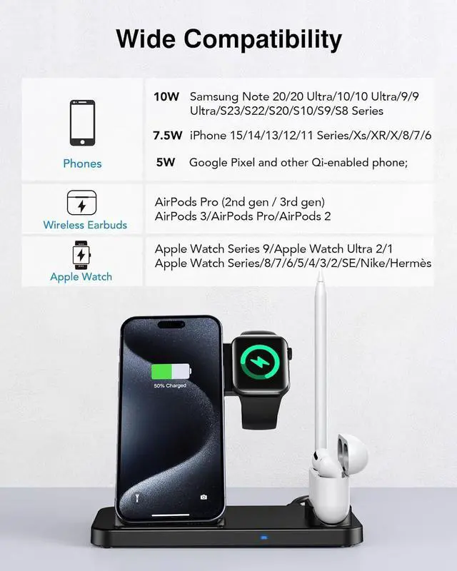 Alt view image 2 of 7 - Wireless Charging Stand, 4 in 1 Fast Portable Magnetic Charger Station for iPhone 15, 14,13,12,11/Pro/Max/Plus, X,XR, XS/Max,SE, Compatible with AirPods Pro, Watch SE 9 8 7 6 5 4 3 2, Pencil(Black)