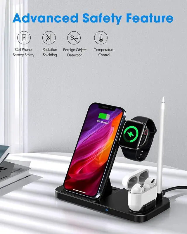 Alt view image 4 of 7 - Wireless Charging Stand, 4 in 1 Fast Portable Magnetic Charger Station for iPhone 15, 14,13,12,11/Pro/Max/Plus, X,XR, XS/Max,SE, Compatible with AirPods Pro, Watch SE 9 8 7 6 5 4 3 2, Pencil(Black)
