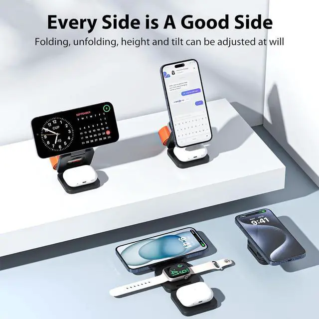 Alt view image 4 of 7 - Foldable 3 in 1 Charging Station for Apple, Fast Magnetic Wireless Charger Compatible with iPhone 15 14 13 12 Pro/Max/Plus, 5W for Apple Watch 9/8/7/6/5/4/3/2/SE/Ultra 2, AirPods 3/2/Pro(Black)