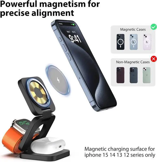 Alt view image 5 of 7 - Foldable 3 in 1 Charging Station for Apple, Fast Magnetic Wireless Charger Compatible with iPhone 15 14 13 12 Pro/Max/Plus, 5W for Apple Watch 9/8/7/6/5/4/3/2/SE/Ultra 2, AirPods 3/2/Pro(Black)