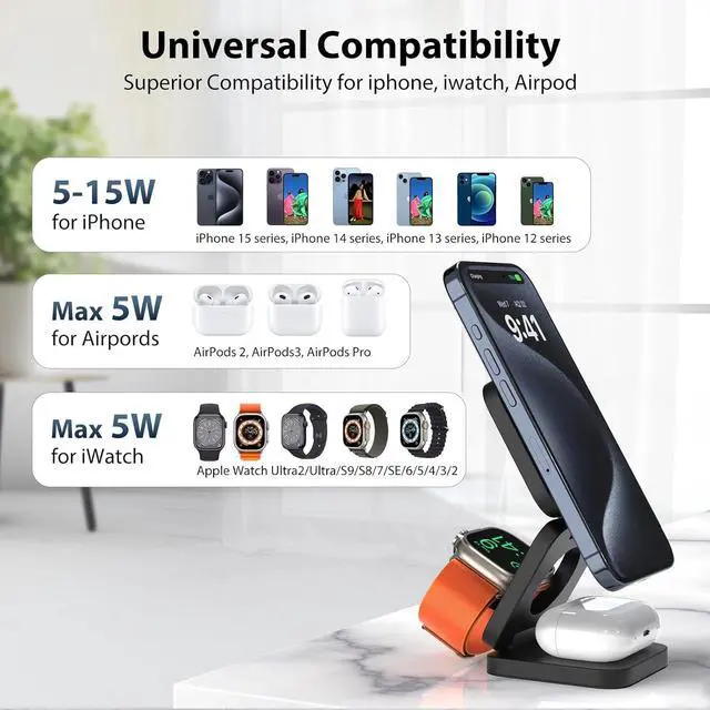 Alt view image 6 of 7 - Foldable 3 in 1 Charging Station for Apple, Fast Magnetic Wireless Charger Compatible with iPhone 15 14 13 12 Pro/Max/Plus, 5W for Apple Watch 9/8/7/6/5/4/3/2/SE/Ultra 2, AirPods 3/2/Pro(Black)
