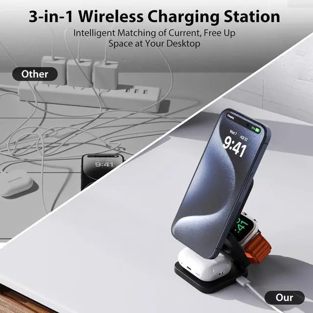 Alt view image 7 of 7 - Foldable 3 in 1 Charging Station for Apple, Fast Magnetic Wireless Charger Compatible with iPhone 15 14 13 12 Pro/Max/Plus, 5W for Apple Watch 9/8/7/6/5/4/3/2/SE/Ultra 2, AirPods 3/2/Pro(Black)