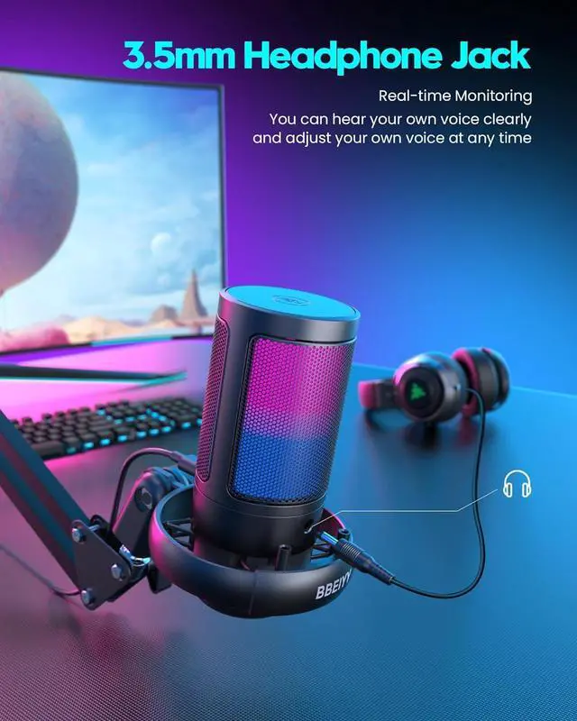 Alt view image 4 of 7 - Gaming USB Microphone for PC with ARM, BBEIYY Mic for Gamer 192kHz/24Bit Noise Cancellation Condenser microphone with Gain, Mute, Monitoring, Boom Arm for Streaming RGB Computer Mic for PS4/5 PC & MAC