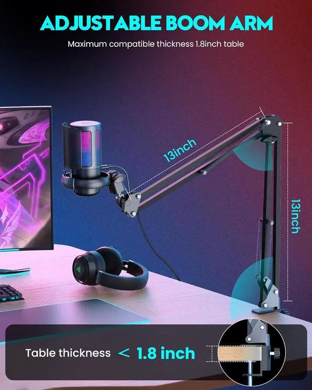 Alt view image 5 of 7 - Gaming USB Microphone for PC with ARM, BBEIYY Mic for Gamer 192kHz/24Bit Noise Cancellation Condenser microphone with Gain, Mute, Monitoring, Boom Arm for Streaming RGB Computer Mic for PS4/5 PC & MAC