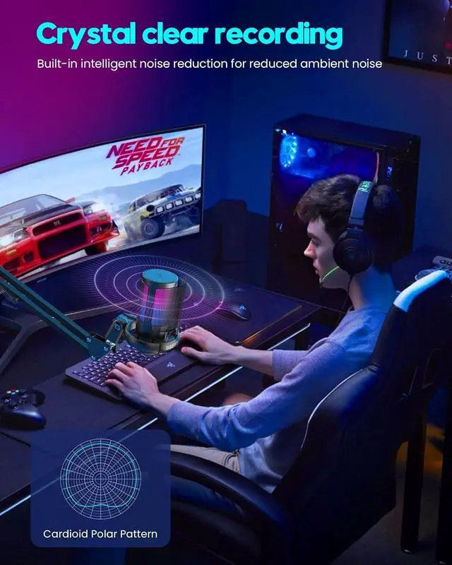Alt view image 7 of 7 - Gaming USB Microphone for PC with ARM, BBEIYY Mic for Gamer 192kHz/24Bit Noise Cancellation Condenser microphone with Gain, Mute, Monitoring, Boom Arm for Streaming RGB Computer Mic for PS4/5 PC & MAC