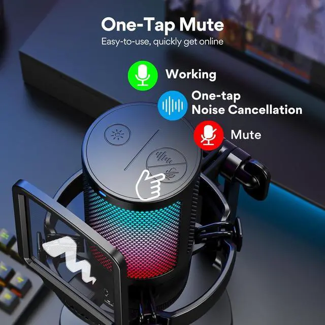 Alt view image 3 of 7 - USB Gaming Microphone for PC, Noise Cancellation Condenser Mic with RGB Lights, Mute, Gain for Streaming, Recording, Podcast, Chat, Twitch, YouTube, Discord, Computer, PS5, PS4, GamerWave