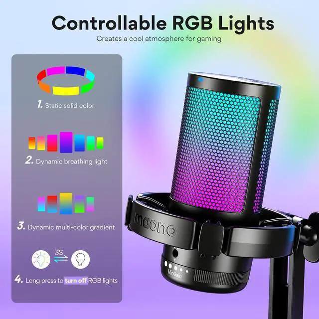 Alt view image 4 of 7 - USB Gaming Microphone for PC, Noise Cancellation Condenser Mic with RGB Lights, Mute, Gain for Streaming, Recording, Podcast, Chat, Twitch, YouTube, Discord, Computer, PS5, PS4, GamerWave
