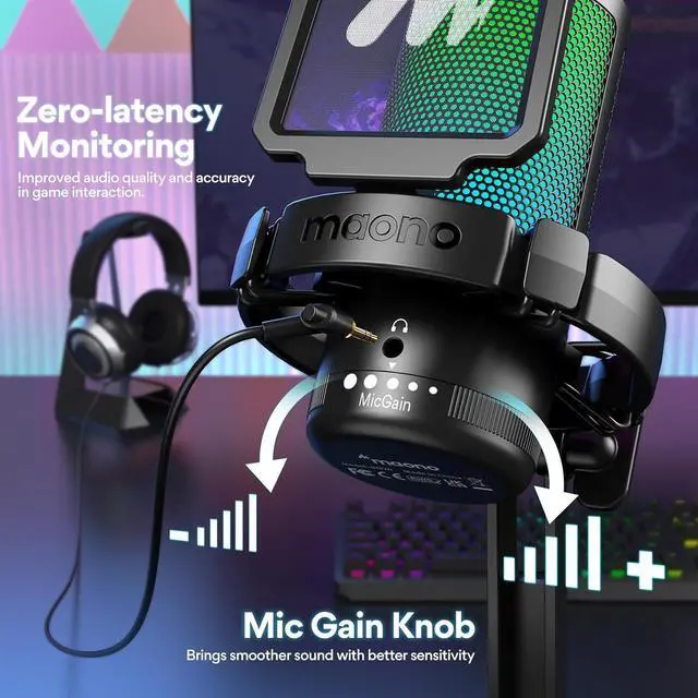 Alt view image 5 of 7 - USB Gaming Microphone for PC, Noise Cancellation Condenser Mic with RGB Lights, Mute, Gain for Streaming, Recording, Podcast, Chat, Twitch, YouTube, Discord, Computer, PS5, PS4, GamerWave