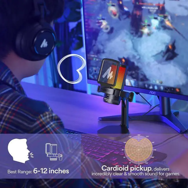 Alt view image 6 of 7 - USB Gaming Microphone for PC, Noise Cancellation Condenser Mic with RGB Lights, Mute, Gain for Streaming, Recording, Podcast, Chat, Twitch, YouTube, Discord, Computer, PS5, PS4, GamerWave