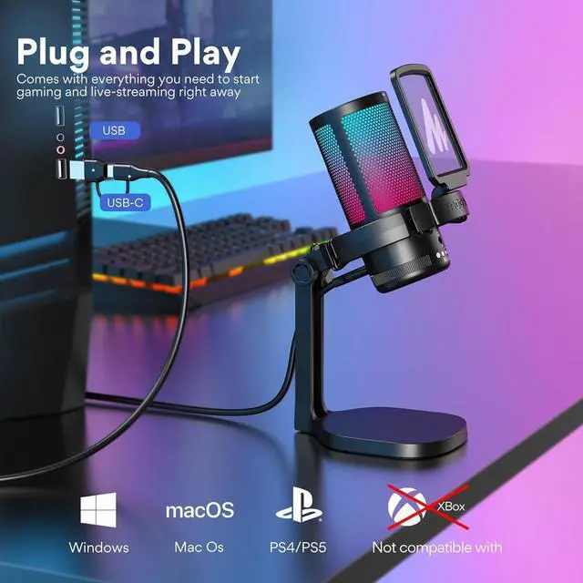 Alt view image 7 of 7 - USB Gaming Microphone for PC, Noise Cancellation Condenser Mic with RGB Lights, Mute, Gain for Streaming, Recording, Podcast, Chat, Twitch, YouTube, Discord, Computer, PS5, PS4, GamerWave