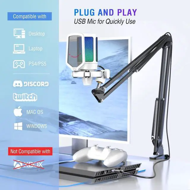 Alt view image 5 of 6 - Streaming Gaming USB Microphone Kit, PC Condenser RGB Mic on PS4/PS5, Plug and Play for Music Recording, Online Game, Discord, Twitch, with Pop Filter, Shock Mount-A6T White