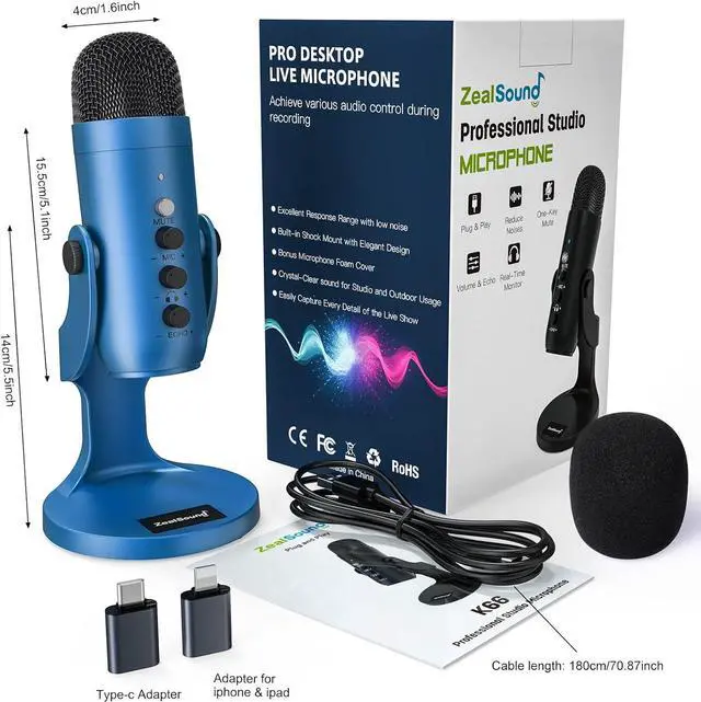 Alt view image 7 of 7 - USB Microphone,Condenser Gaming Mic for Phone/Laptop/PC/PS4/5/Computer,Microphone with Gain Knob,LED Mute,Monitor Volume Adjustment,Stand Base for Streaming, Podcast, Studio Recording (Blue)
