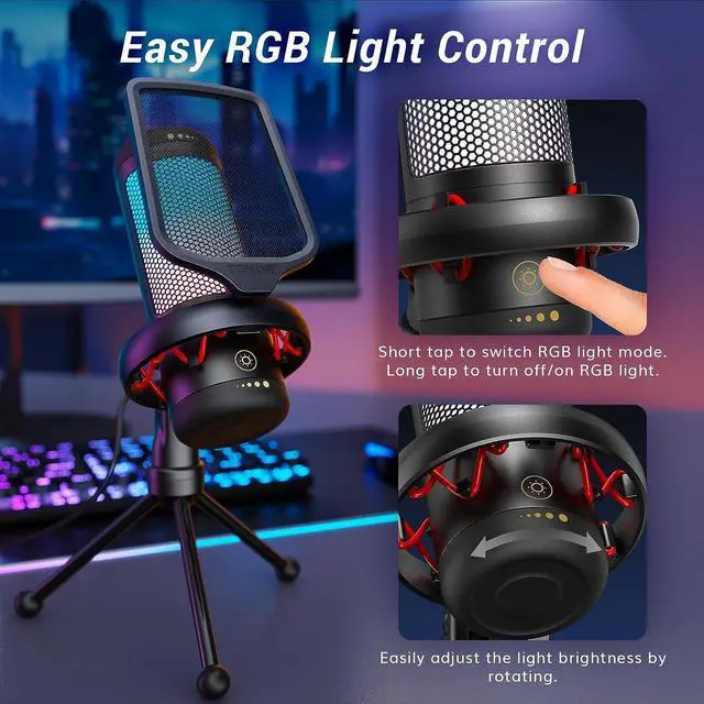 Alt view image 4 of 7 - Gaming Mic, USB Microphone for PC Computer, Cardioid Condenser Mic with Adjustable RGB Modes & Brightness, Quick Mute, Gain Control, for Streaming, Podcasting, Recording, PS4/5 Desktop Mic TC310