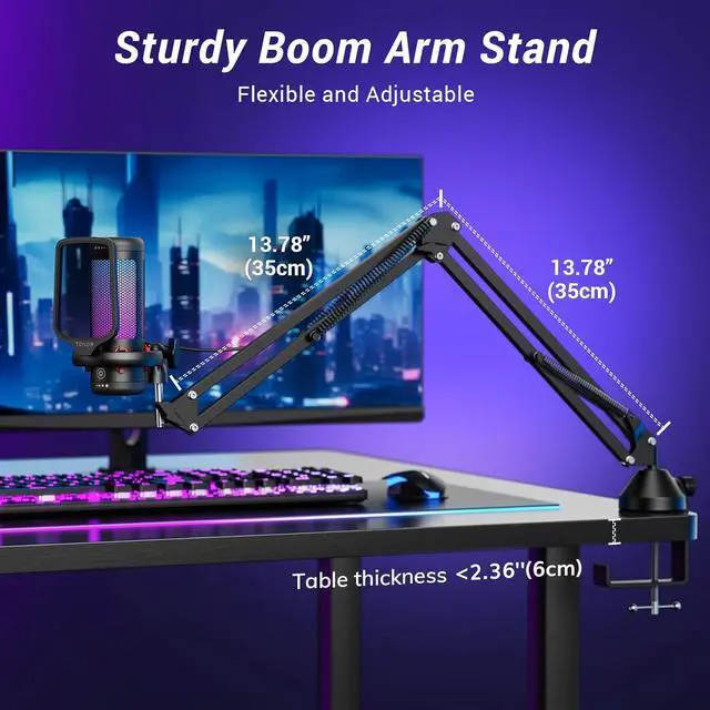 Alt view image 6 of 7 - Gaming USB Microphone Set for PC,  RGB Condenser Mic with Boom Arm Quick Mute, RGB Lighting, Pop Filter, Shock Mount, Gain Control for Streaming Podcasting Recording Discord Twitch YouTube TC310+