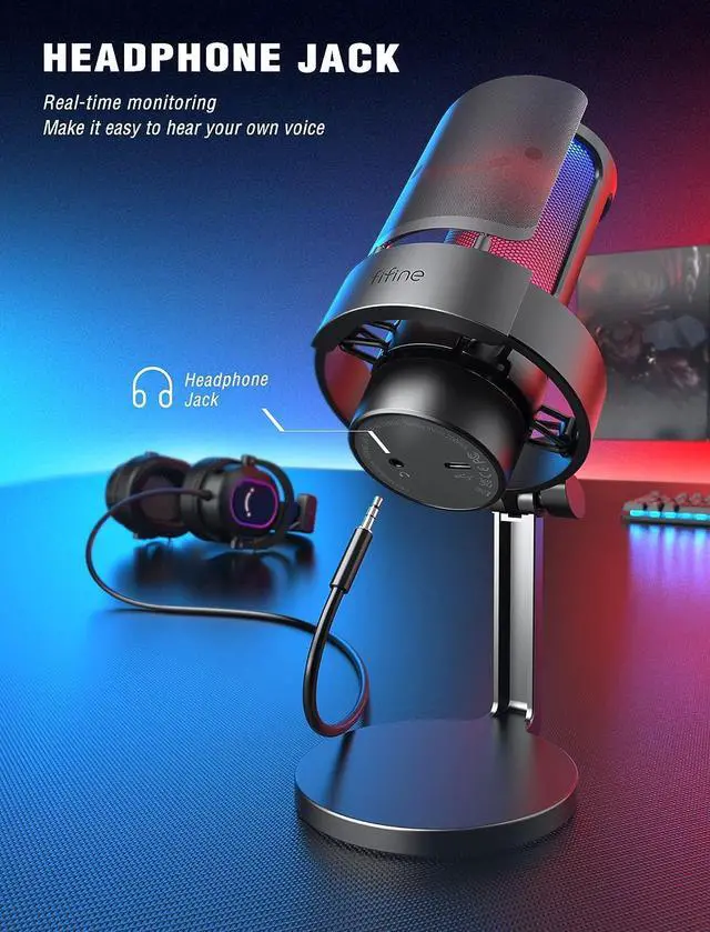 Alt view image 3 of 7 - Gaming Microphone, USB PC Mic for Streaming, Podcasts, Recording, Condenser Computer Desktop Mic on Mac/PS4/PS5, with RGB Control, Mute Touch, Headphone Jack, Pop Filter, Stand-AmpliGame A8