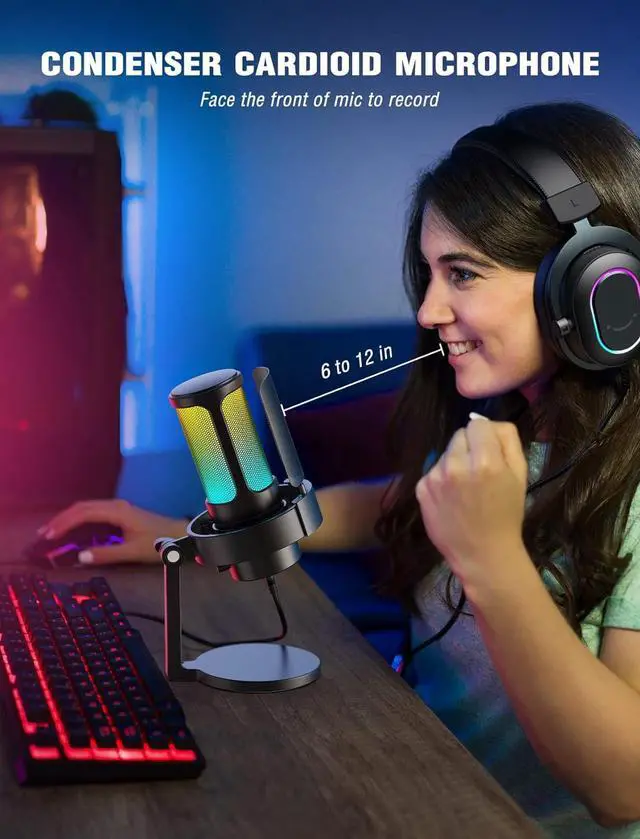 Alt view image 7 of 7 - Gaming Microphone, USB PC Mic for Streaming, Podcasts, Recording, Condenser Computer Desktop Mic on Mac/PS4/PS5, with RGB Control, Mute Touch, Headphone Jack, Pop Filter, Stand-AmpliGame A8
