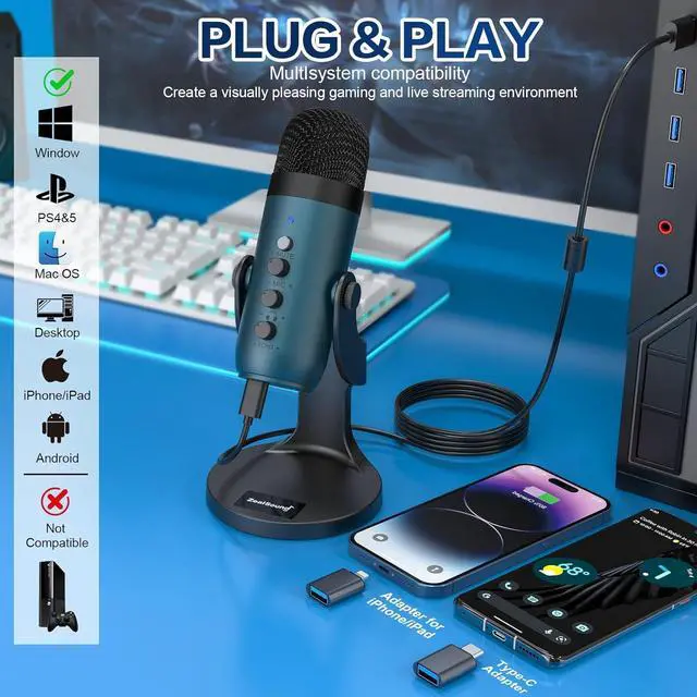 Alt view image 2 of 7 - USB Condenser Microphone,Computer PC Gaming Mic,Plug&Play Microphones for PS 4&5.Monitor Adjust&Volume Control,Mic Gain Control,Mute Button for TikTok,YouTube Podcast on Mac&Windows(Teal)