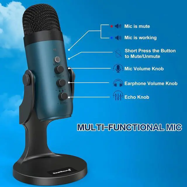 Alt view image 5 of 7 - USB Condenser Microphone,Computer PC Gaming Mic,Plug&Play Microphones for PS 4&5.Monitor Adjust&Volume Control,Mic Gain Control,Mute Button for TikTok,YouTube Podcast on Mac&Windows(Teal)