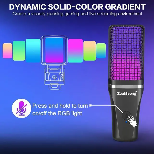 Alt view image 2 of 7 - Gaming USB Microphone for PC,RGB Condenser Computer Mic with Tripod Stand,Quick Mute,Gain Control for Gaming,Streaming,Podcasting,Recording,ASMR,Cardioid Mic Kit for Laptop/PS4/PS5/Phone