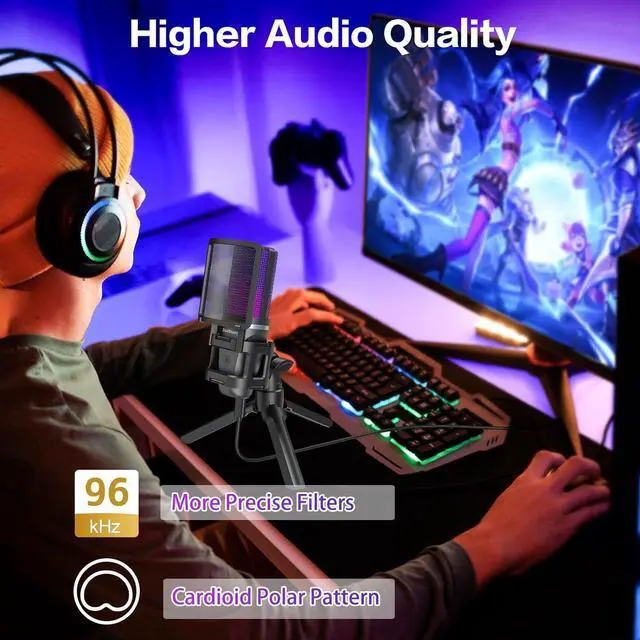 Alt view image 4 of 7 - Gaming USB Microphone for PC,RGB Condenser Computer Mic with Tripod Stand,Quick Mute,Gain Control for Gaming,Streaming,Podcasting,Recording,ASMR,Cardioid Mic Kit for Laptop/PS4/PS5/Phone