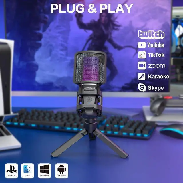 Alt view image 5 of 7 - Gaming USB Microphone for PC,RGB Condenser Computer Mic with Tripod Stand,Quick Mute,Gain Control for Gaming,Streaming,Podcasting,Recording,ASMR,Cardioid Mic Kit for Laptop/PS4/PS5/Phone