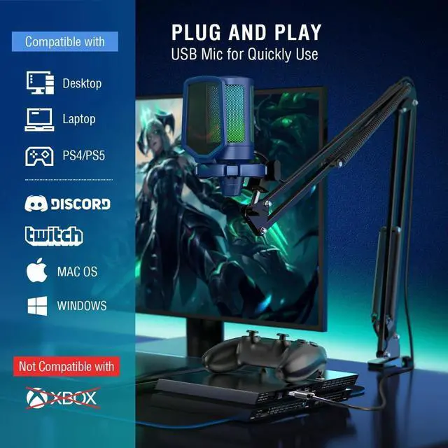 Alt view image 5 of 6 - USB Gaming Streaming Recording PC Microphone Kit, RGB Condenser Computer Mic Bundle for Podcasts, Audio, Vocal, Video on Mac/Desktop/Laptop, with Boom Arm Stand-A6T Blue