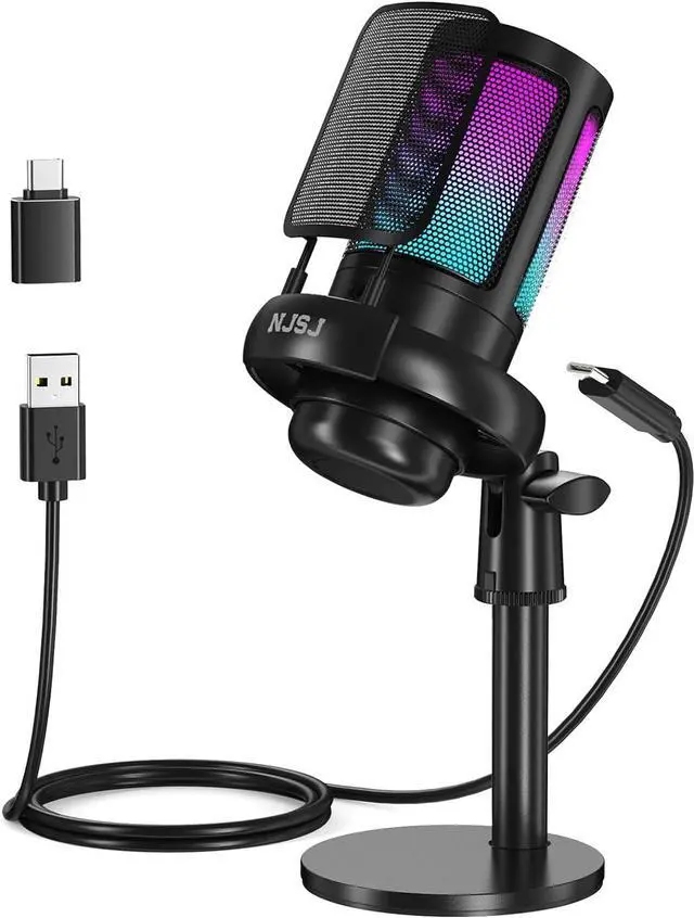 Main image of USB Microphone for PC, Gaming Mic for PS4/ PS5/ Mac/Phone,Condenser Microphone with Touch Mute, RGB Lighting,Gain knob & Monitoring Jack for Streaming,Podcasting (with Desktop Stand, Black)