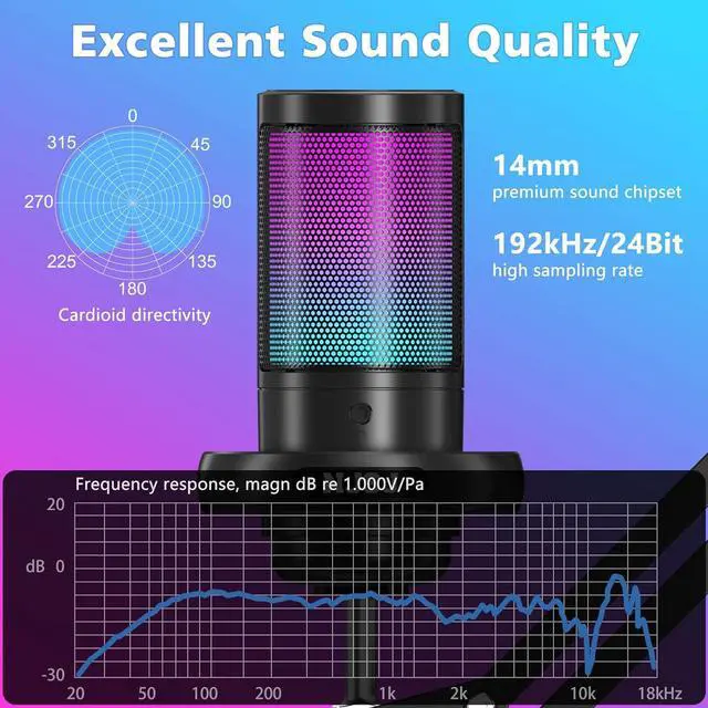 Alt view image 3 of 7 - USB Gaming Microphone for PC, Condenser Mic with Boom Arm for PS4/ PS5/ Mac/Phone with Touch Mute, RGB Lighting,Gain knob & Monitoring Jack for Streaming,Podcasting,YouTube