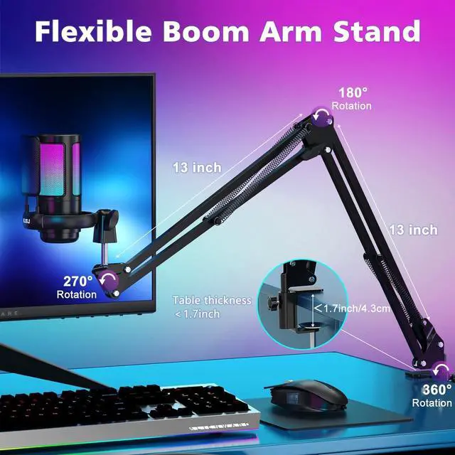 Alt view image 6 of 7 - USB Gaming Microphone for PC, Condenser Mic with Boom Arm for PS4/ PS5/ Mac/Phone with Touch Mute, RGB Lighting,Gain knob & Monitoring Jack for Streaming,Podcasting,YouTube