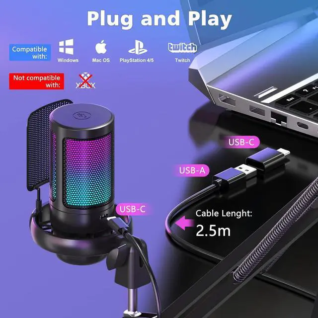 Alt view image 7 of 7 - USB Gaming Microphone for PC, Condenser Mic with Boom Arm for PS4/ PS5/ Mac/Phone with Touch Mute, RGB Lighting,Gain knob & Monitoring Jack for Streaming,Podcasting,YouTube