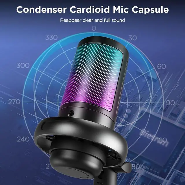 Alt view image 5 of 7 - USB Microphone for PC, Gaming Mic for PC/PS4/ PS5/Desktop, with Mute, Plug & Play, RGB Light, Pop Filter & Monitoring Jack, for YouTube, Zoom, Recording